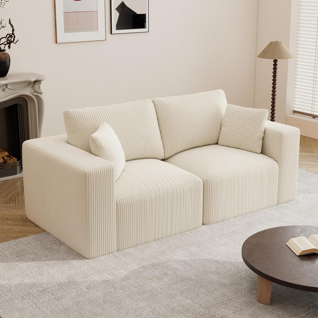 79" Modular Sectional Sofa, Cloud Couch Loveseat Memory Foam Boneless Couch with Chaise, Cozy Upholstered Corduroy Floor Couch, No Assembly Required Living Room Furniture for Apartment, Beige