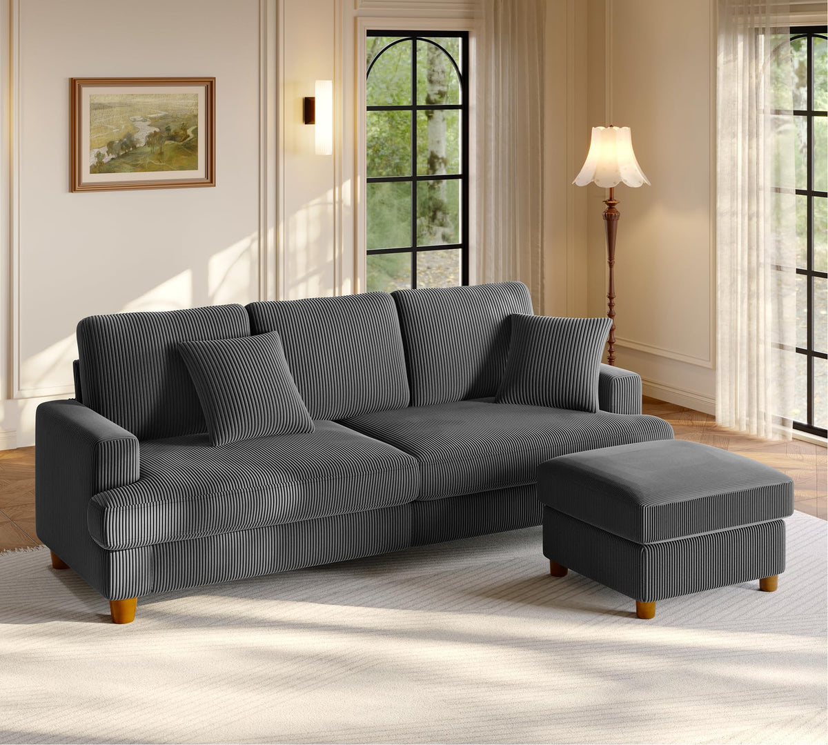 Welzona 87.2" Couches for Living Room, Corduroy Couch, L Shaped Couch Grey