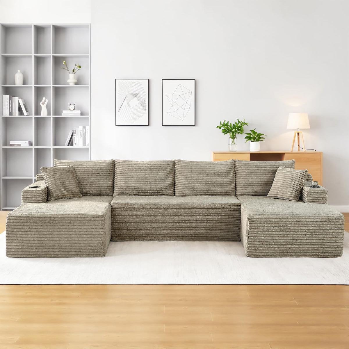 134" Modular Sectional Sofa Couch, Oversized U Shaped Boneless Couches with Side Pockets & Cup Holders, 4-Seater Modern Deep Seat Corduroy Sofa for Living Room, No Assembly, Black