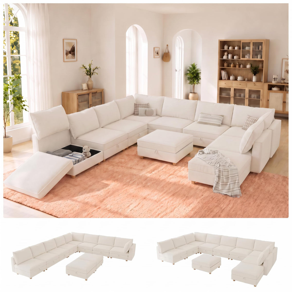 128'' Modular Sectional Sofa,8 Seat Chenille Sectional Sofa with Washable Covers,FSC Certified Modern Sectional Sofa with Storage & Ottoman,Convertible U/L Shaped Couch,Beige Couches for Living Room