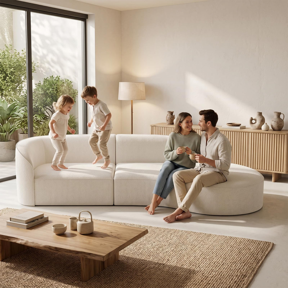 110 Inch Sectional Sofa with Deep Seat Right,4-6 Seater Modern Curved Sofa Couch,Minimalist Comfy Fabric Modular Sofa, Ergonomic Cloud Couches with Solid Wood Frame for Living Room Home White