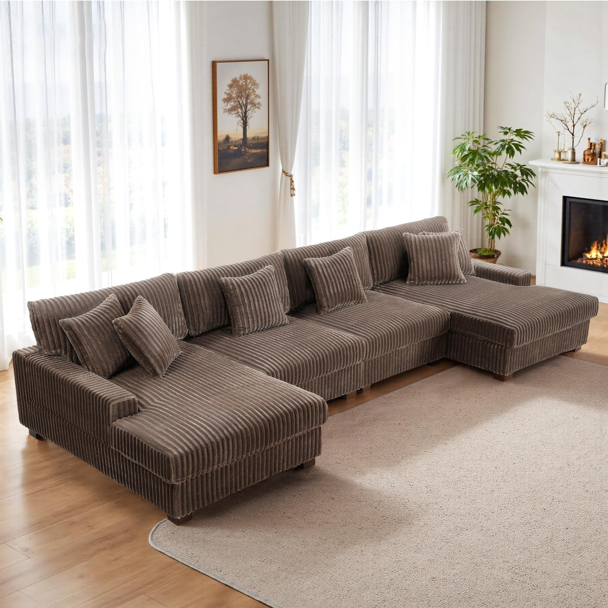118.3" L-Shaped Modular Sectional Sofa with Chaise, Comfy Corduroy Fluffy Couch with Deep Seat, Flexible Module Combination for Living Room, Cotton Flannel Light Brown