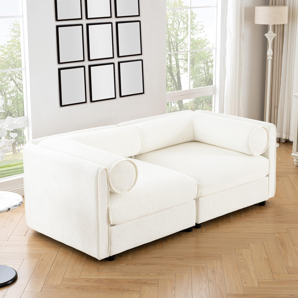 White Chenille 2 Seater Sofa with Storage Seat, Cylindrical Backrest and Armrests, Fabric Loveseat Featuring Hidden Storage Space WI184