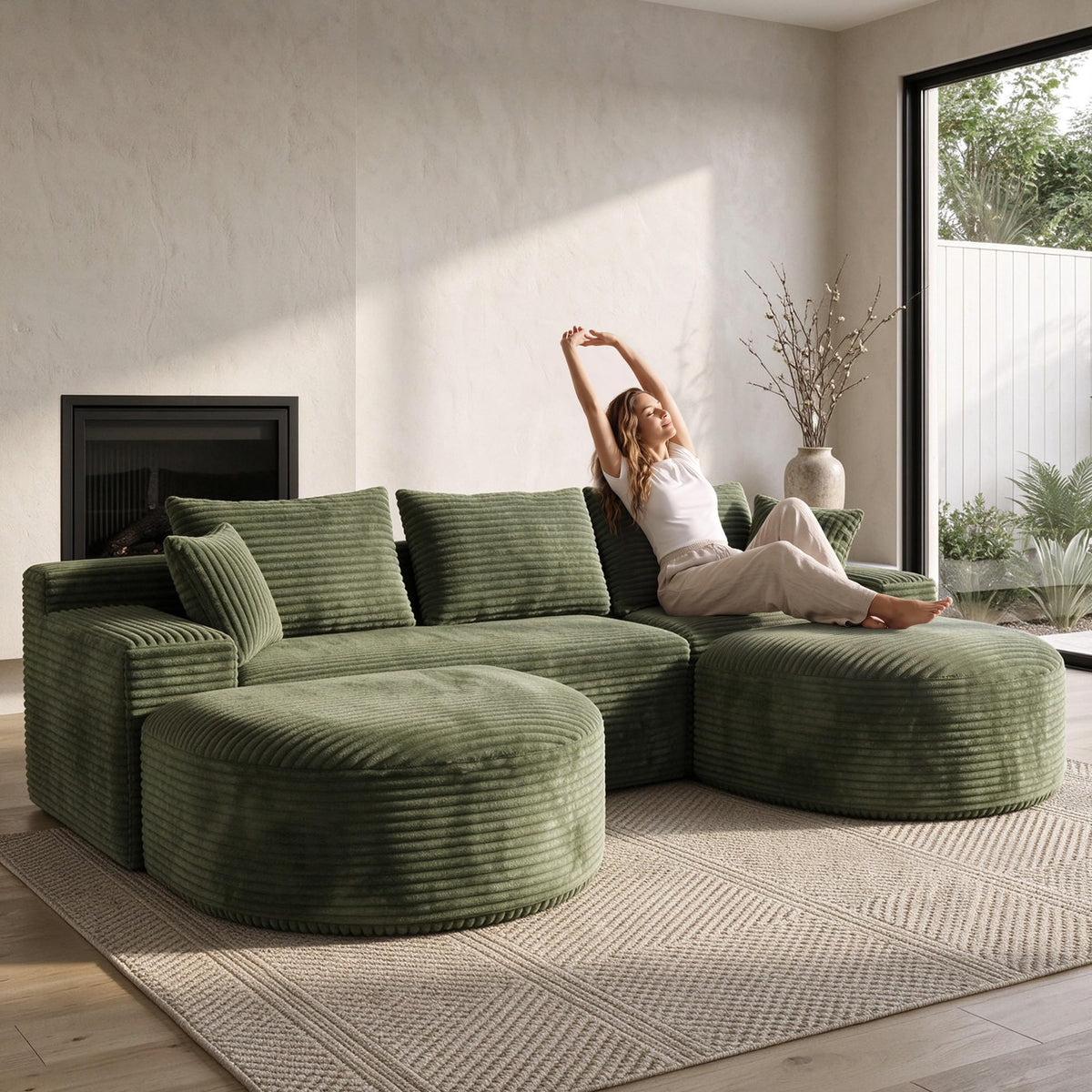 107" U Shaped Modular Boneless Sectional Sofa with 2 Curved Ottomans, Green
