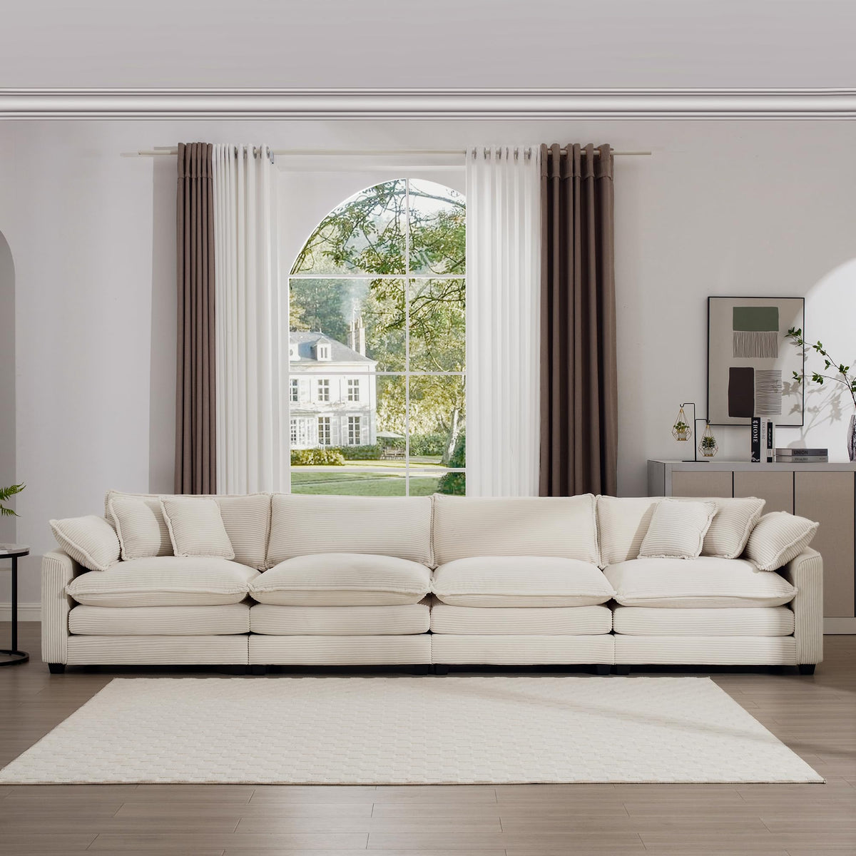 Upholstered 4 Seater Fabric Sofa with Comfortable Back Cushions, Seat Cushions and Pillows, Light Beige Corduroy Sofa, TM388