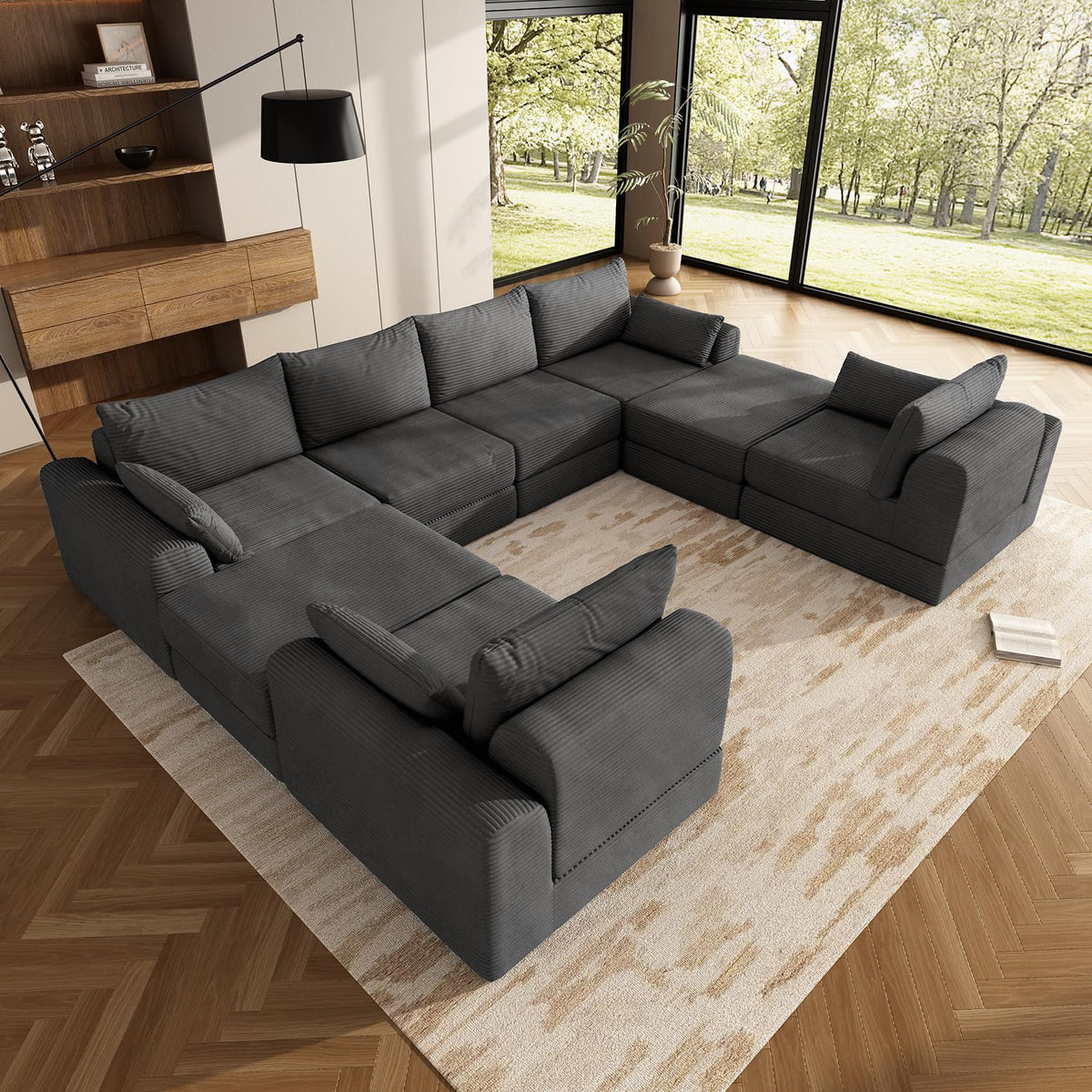 130 Inch Modular Cloud Sectional Sofa, 6 Seater Freely Combined Convertible Sofa with Ottoman, No Installation Compressed Floor Sofa, Soft Memory Foam Cushion for Living Room Apartment, Black