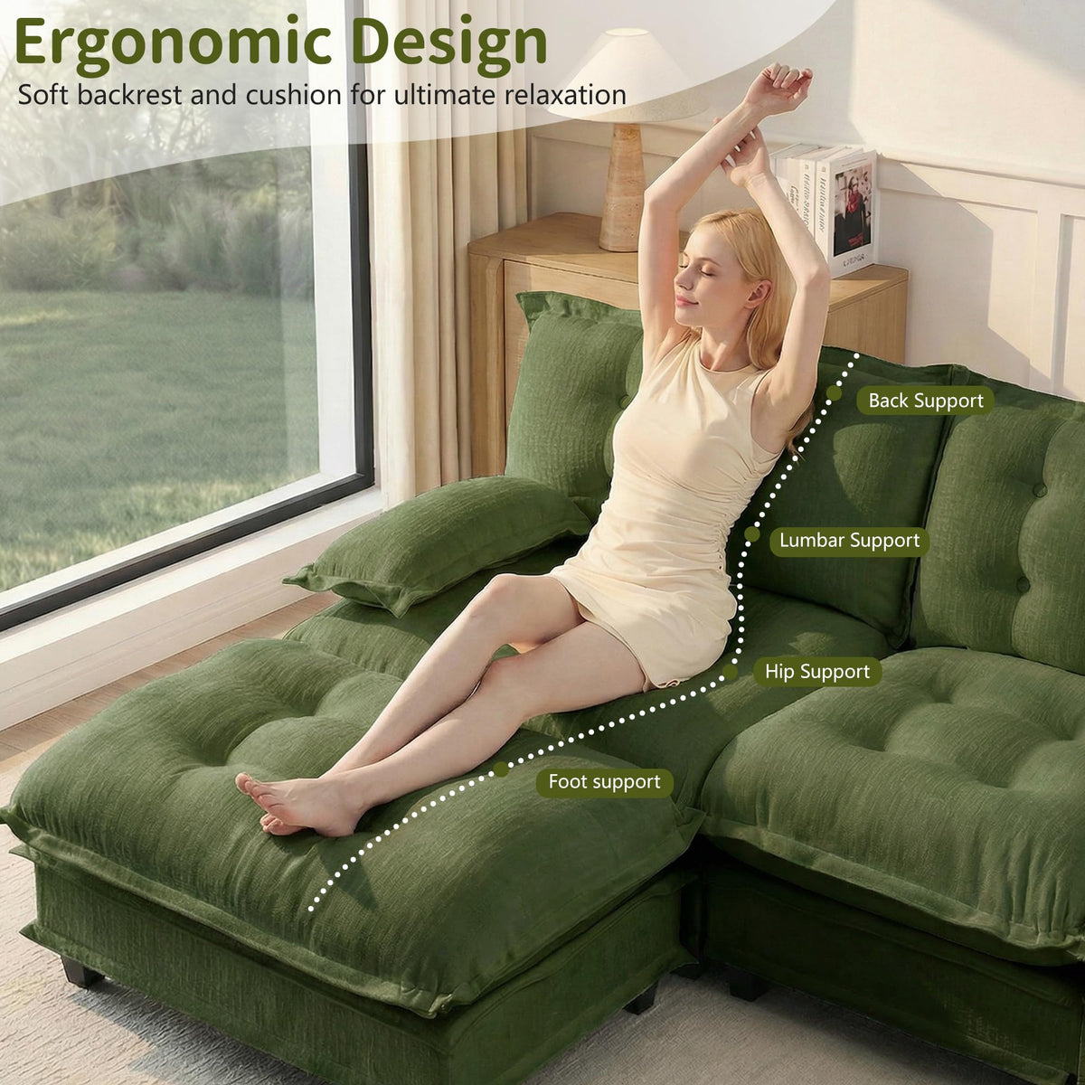 108'' Modular Sectional Couch, L-Shaped Chenille Cloud Sofa with Ottoman, Green Couch with Deep Seat for Living Room
