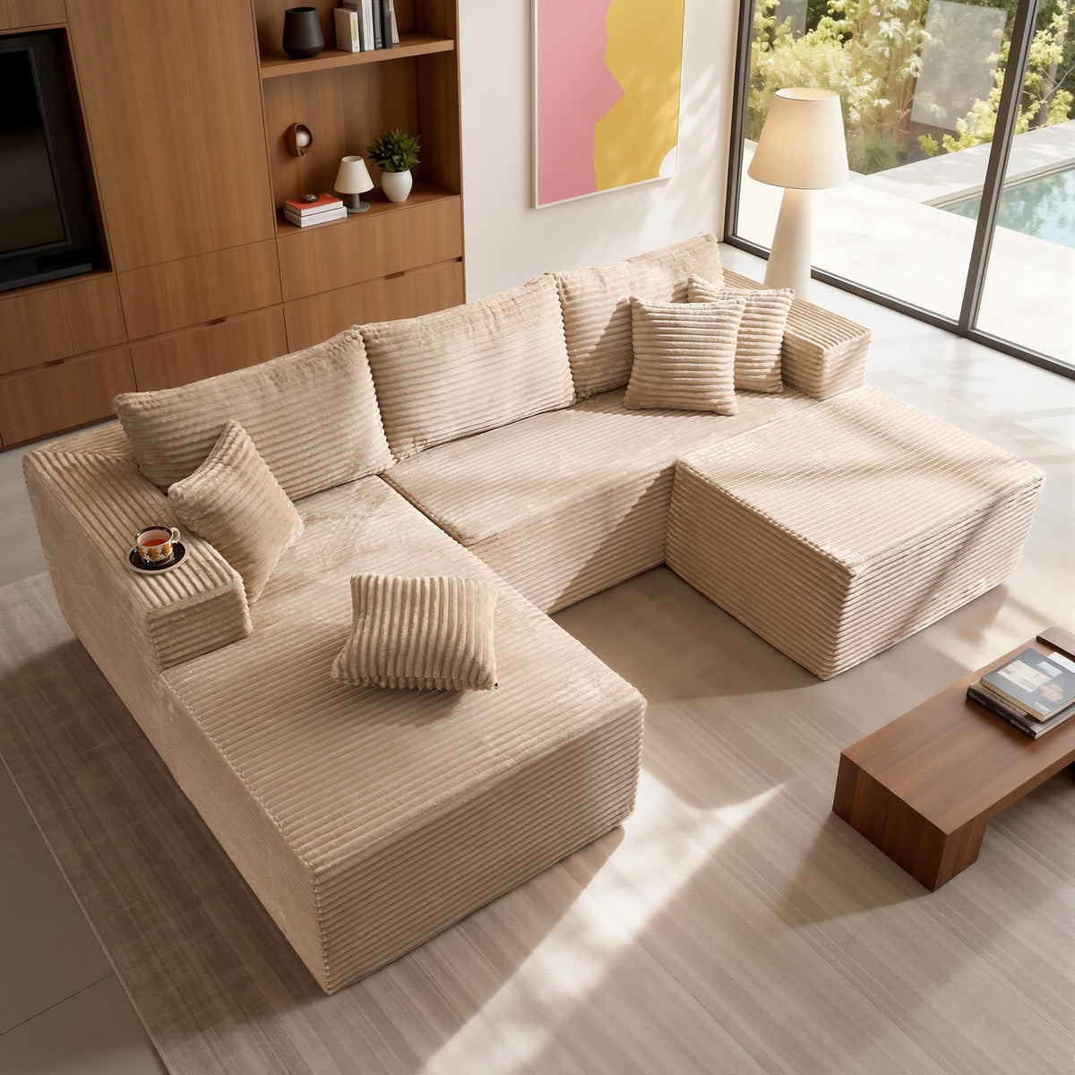 108" Modular Cloud Sofa, High-Density Foam Sectional Couch, Oversized Convertible U-Shaped Sofa Bed with Plush Fabric, Deep Seats, Wide Armrests, Boneless Couches for Living Room, Beige