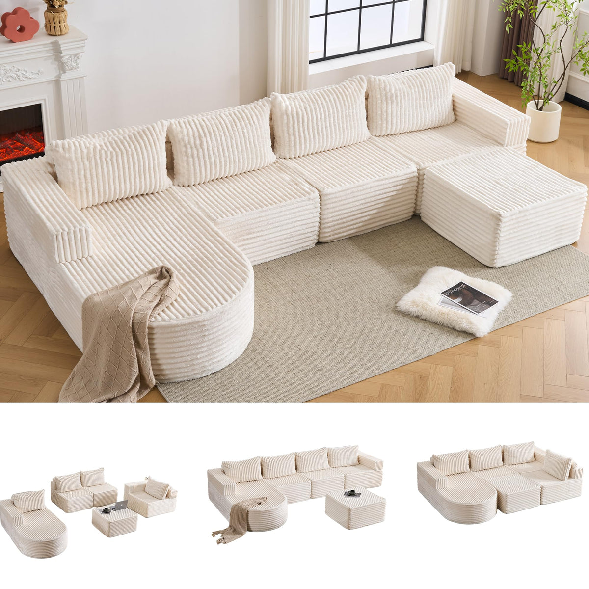 132” Oversized Cloud Couch, Modular L-Shaped Sectional Sofa with Chaise & Ottoman, Deep Seat Corduroy Boneless Couch, No Assembly Convertible Sofa for Living Room(Beige)