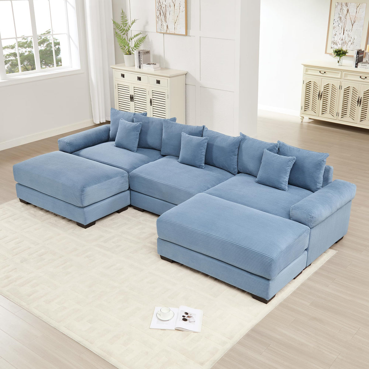 130" Oversized Cloud Modular Sectional Couch, Corduroy Fabric,3 Seater Deep Seat Wide Armrests, with an Ottoman,Ergonomic Design, Easy Assembly for Lounges Living Room,Blue BP131