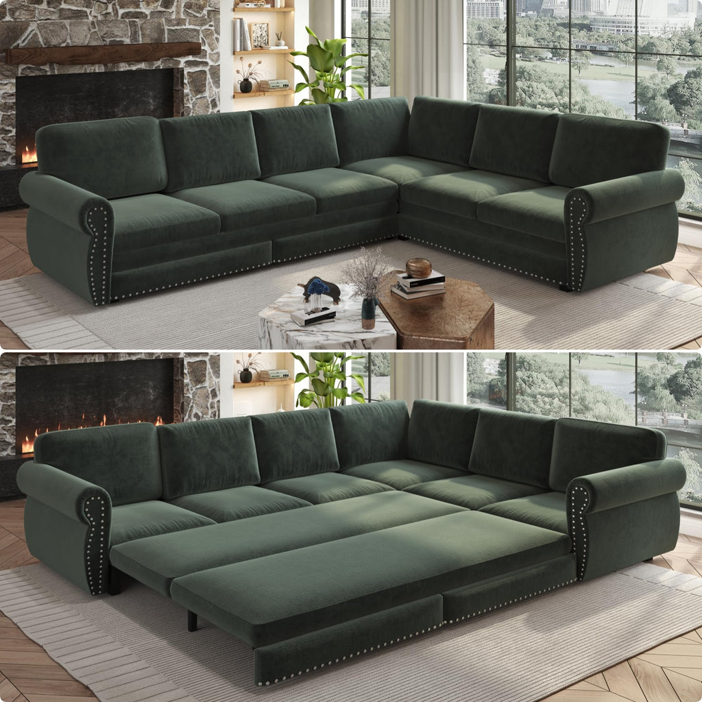 118" Sleeper Sofa Bed, Sectional Couches for Living Room/Apartment, Chenille L Shaped Couch with Pull Out Couch Bed, Convertible Sectional Sofa with Rolled Arm & Nailhead Trim, Green