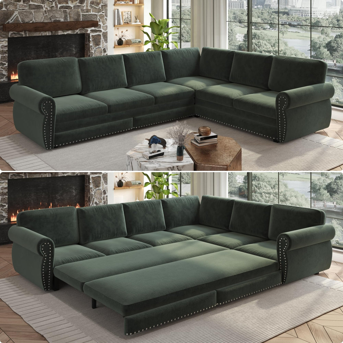 118" Sleeper Sofa Bed, Sectional Couches for Living Room/Apartment, Chenille L Shaped Couch with Pull Out Couch Bed, Convertible Sectional Sofa with Rolled Arm & Nailhead Trim, Green