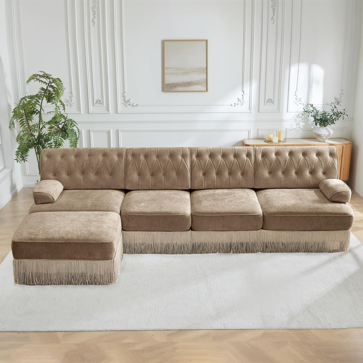 Velvet Modular Sectional Sofa, 135.6 Inch Chesterfield Style, Camel