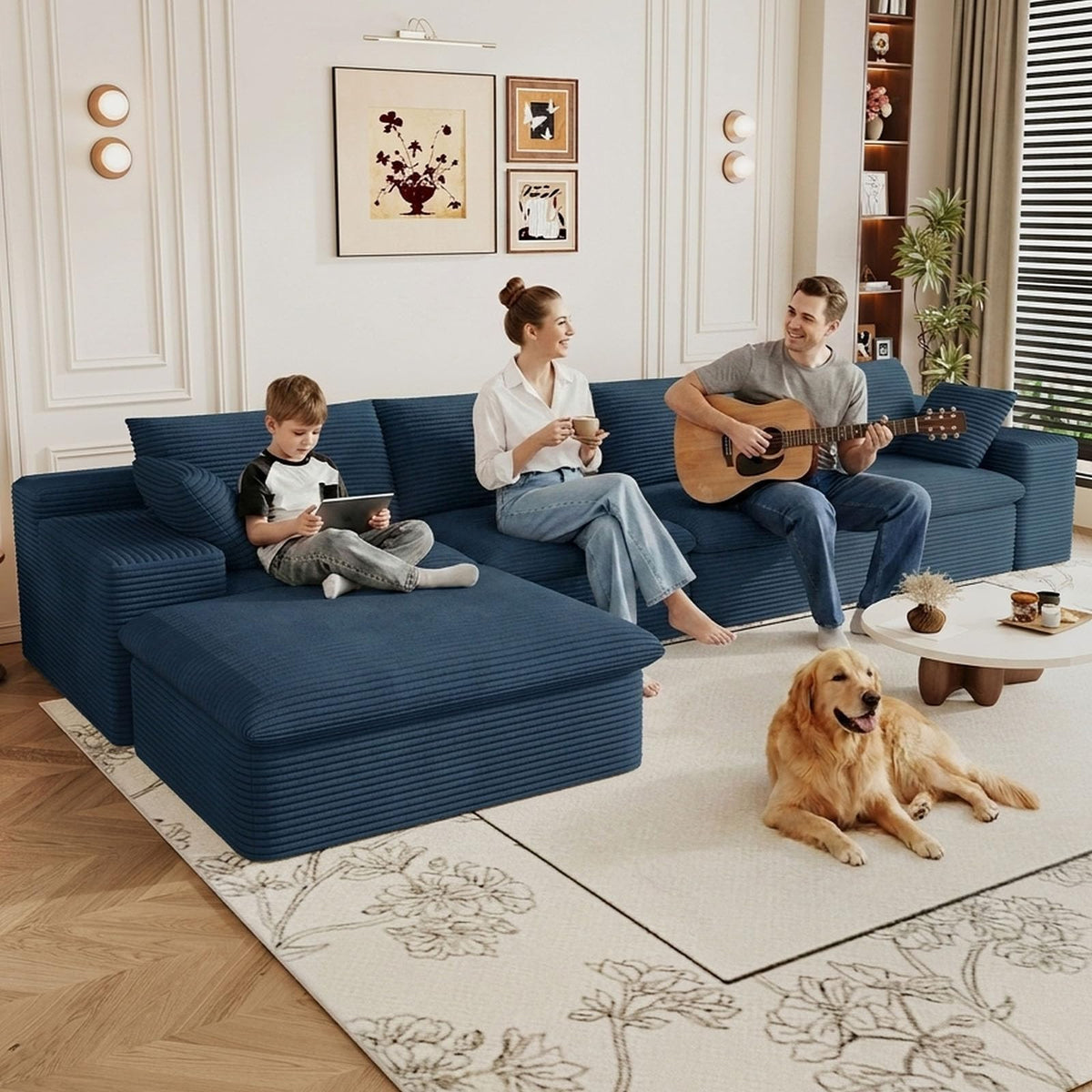 107" Cloud Couch Modular Sectional Couchs with Chaise Lounge, U-Shape Boneless Couches with Ottoman for Living Room, Corduroy Sofa with Deep Seat, No Assembly Required (Green, Left Facing Chaise)