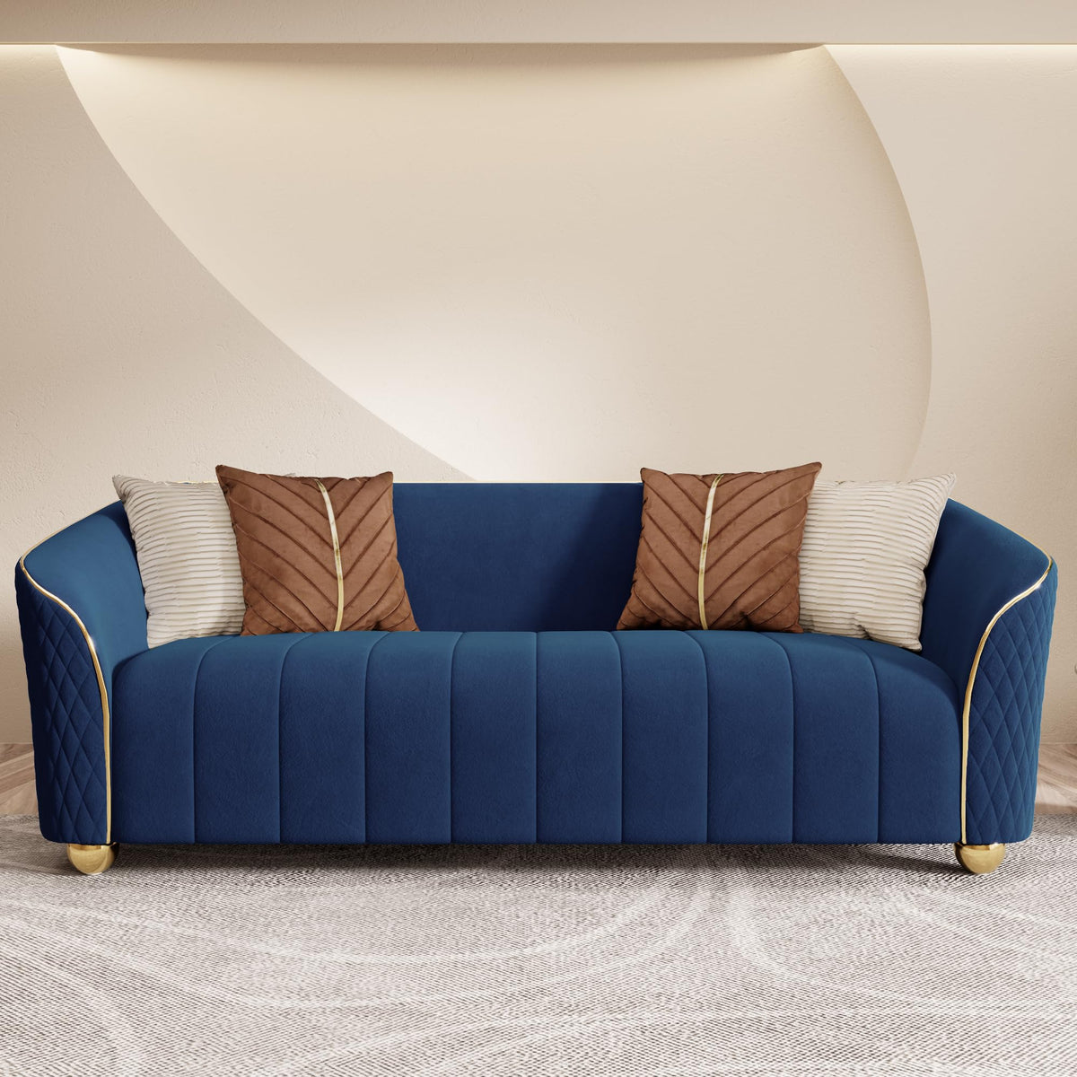 1-Piece Luxury Velvet Sofa Set for Living Room, Elegant Design Couch Set with Curved Armrests and Gold Edge Trim, Tufted Upholstered Couch with Gold Metal Legs (Green, 3 Seater)