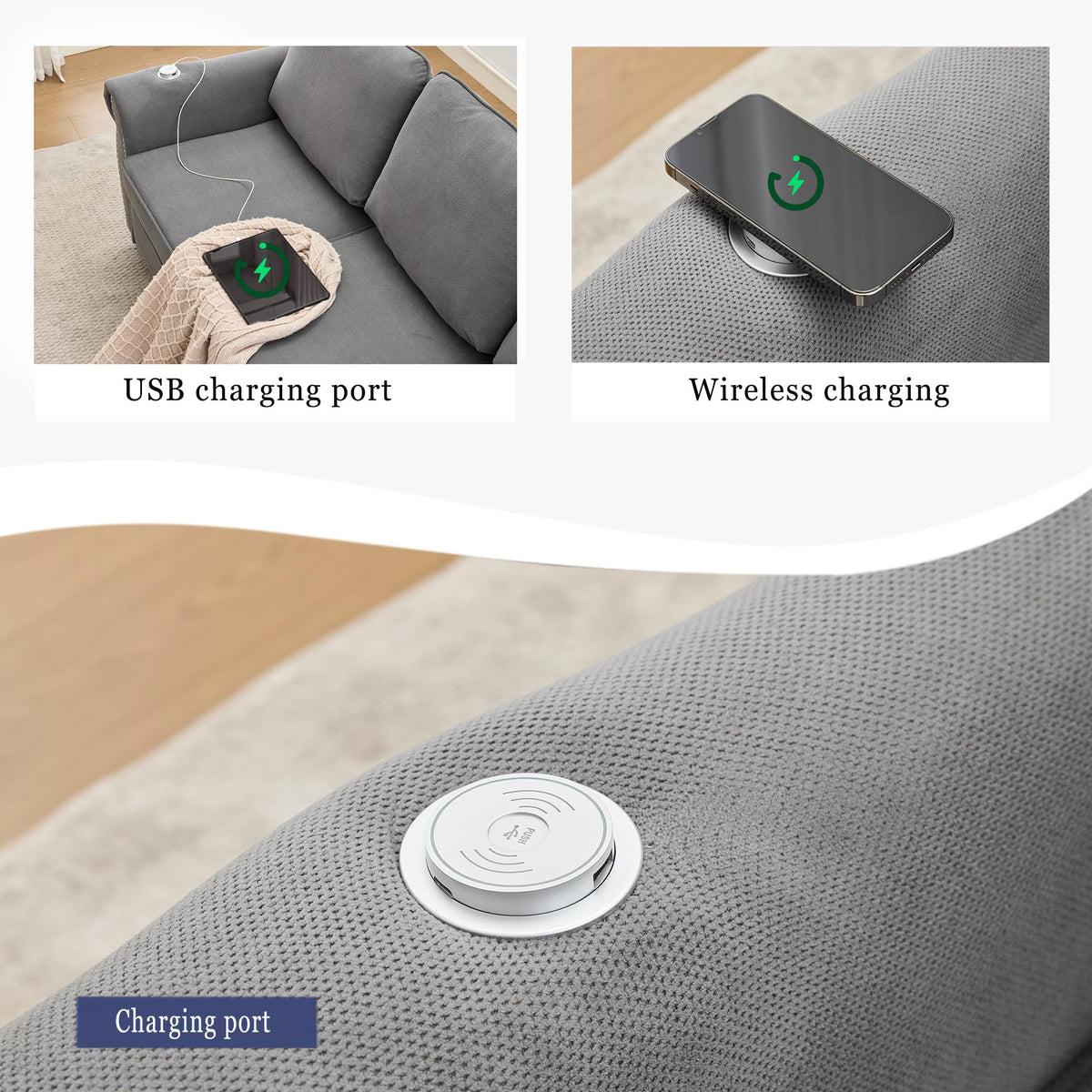 106.5" Pull Out Sofa Bed,L Shaped Modular 4 Seater Couch,2-in-1 Sofa Bed,Wireless Charging, USB Charging Ports,Memory Foam Mattress,Storage Space (Dark Gray)