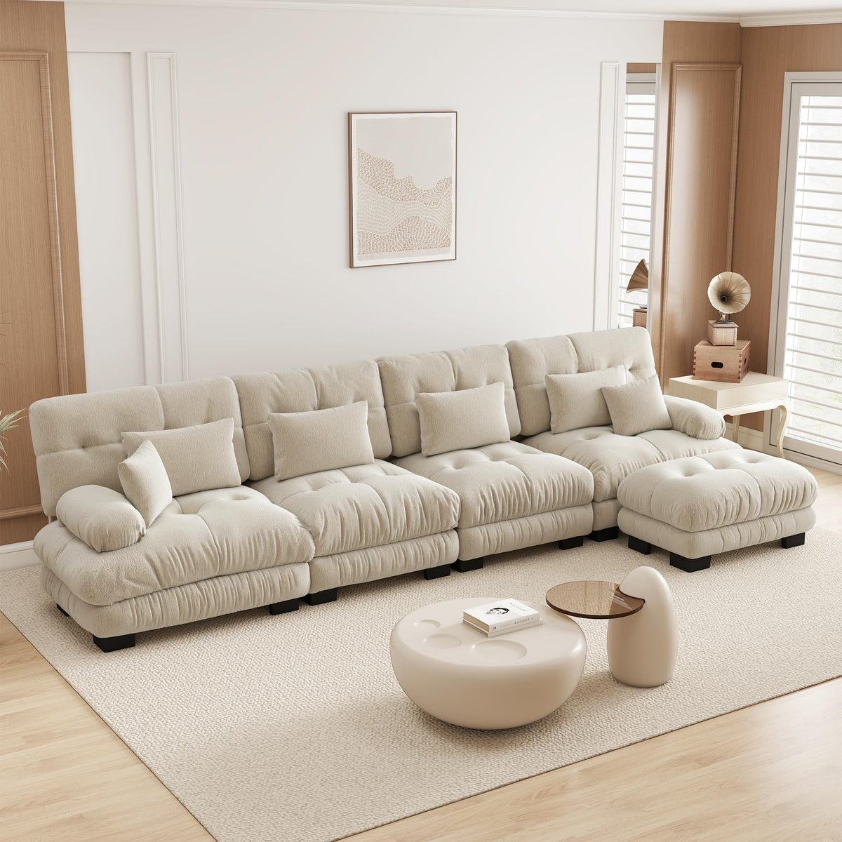 Velvet Modular Sectional Sofa,130" W Oversized U Shape Cloud Couch with 2 Ottomans,Free Combined 3 Seater Comfy Sofa with Bolster Armrest Pillows,Green for Living Room