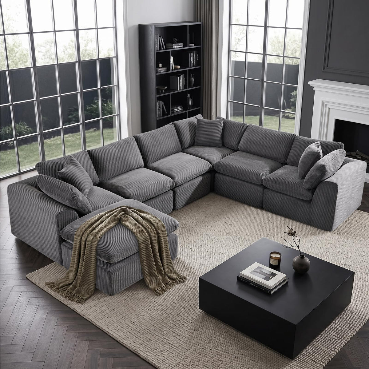 110" Beige Boneless Sectional Couch with Ottoman