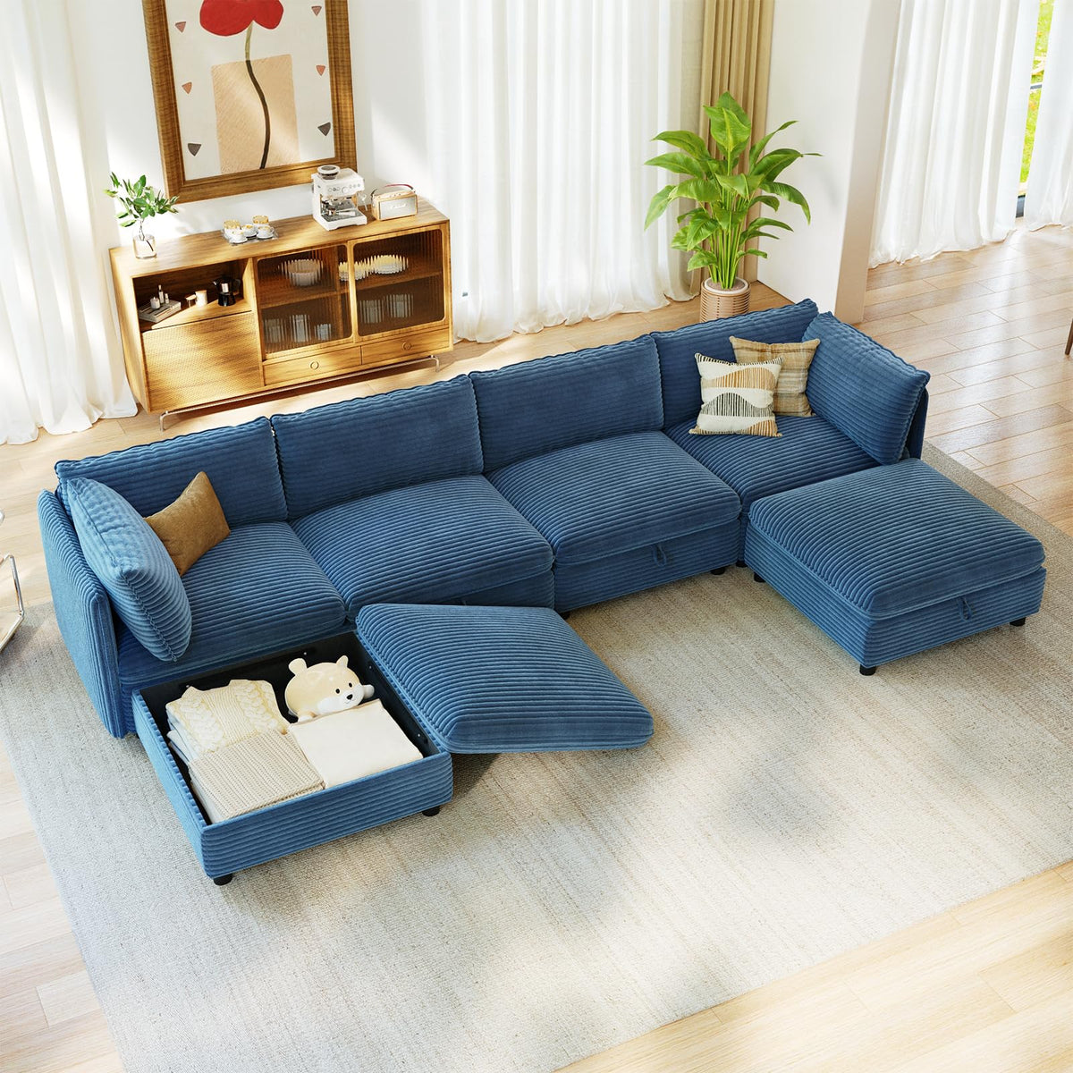 10 Seat U Shaped Modular Corduroy Sofa Bed Couch with Hidden Storage and Movable Ottomans Deep Seat Convertible Sectional for Sectional Couches for Living Room Bedroom, Black