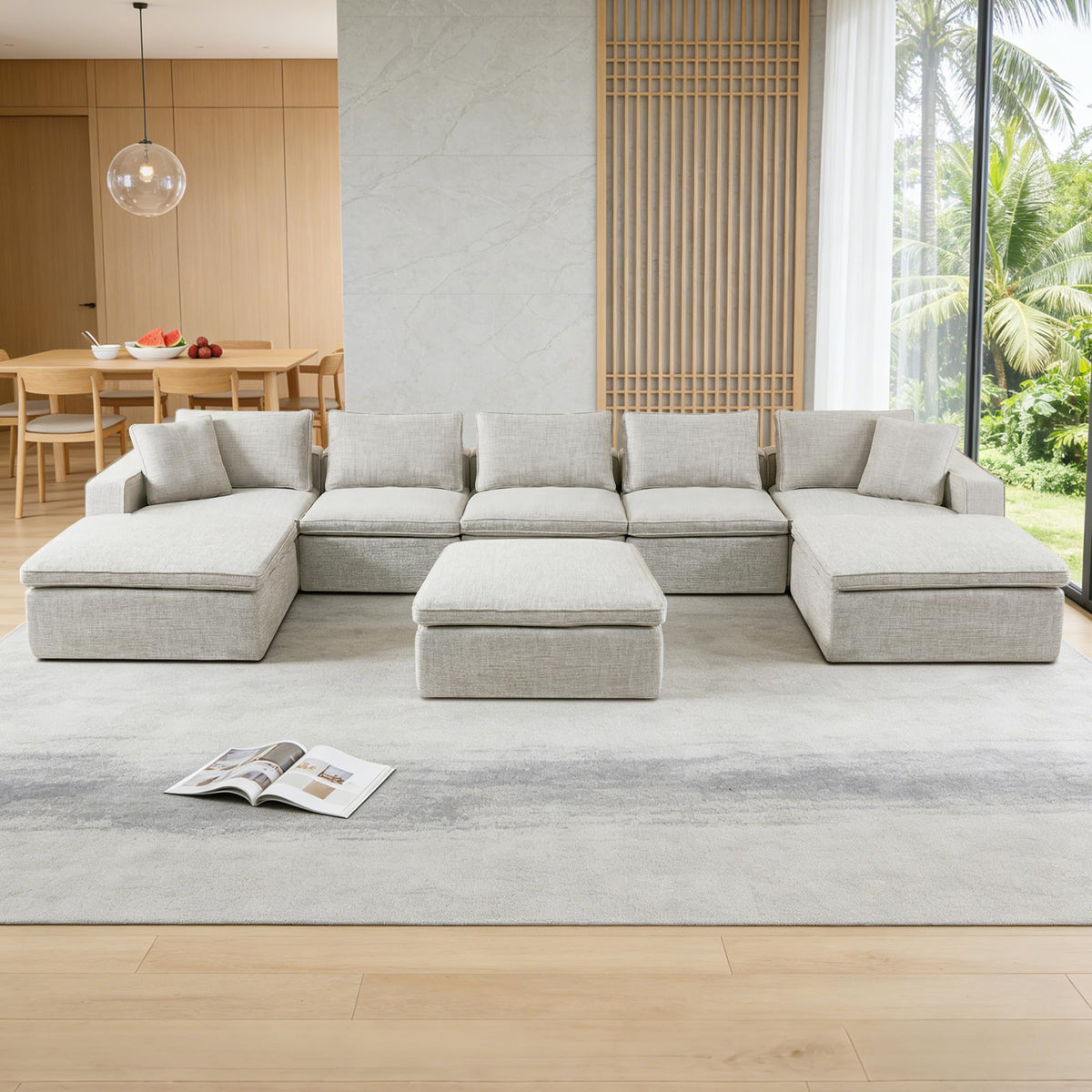131" Cloud Modular Sofa, Oversized Sectional Couch with Washable Linen Fabric Covers, Large L-Shaped Deep Seat Sofa with Ottoman,7 Seater Down Filled Convertible Furniture for Living Room (Beige)