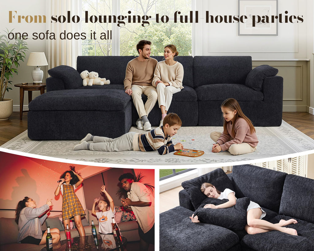 120" Cloud Modular Sectional Sofa, No-Assembly Chenille Couch, Black