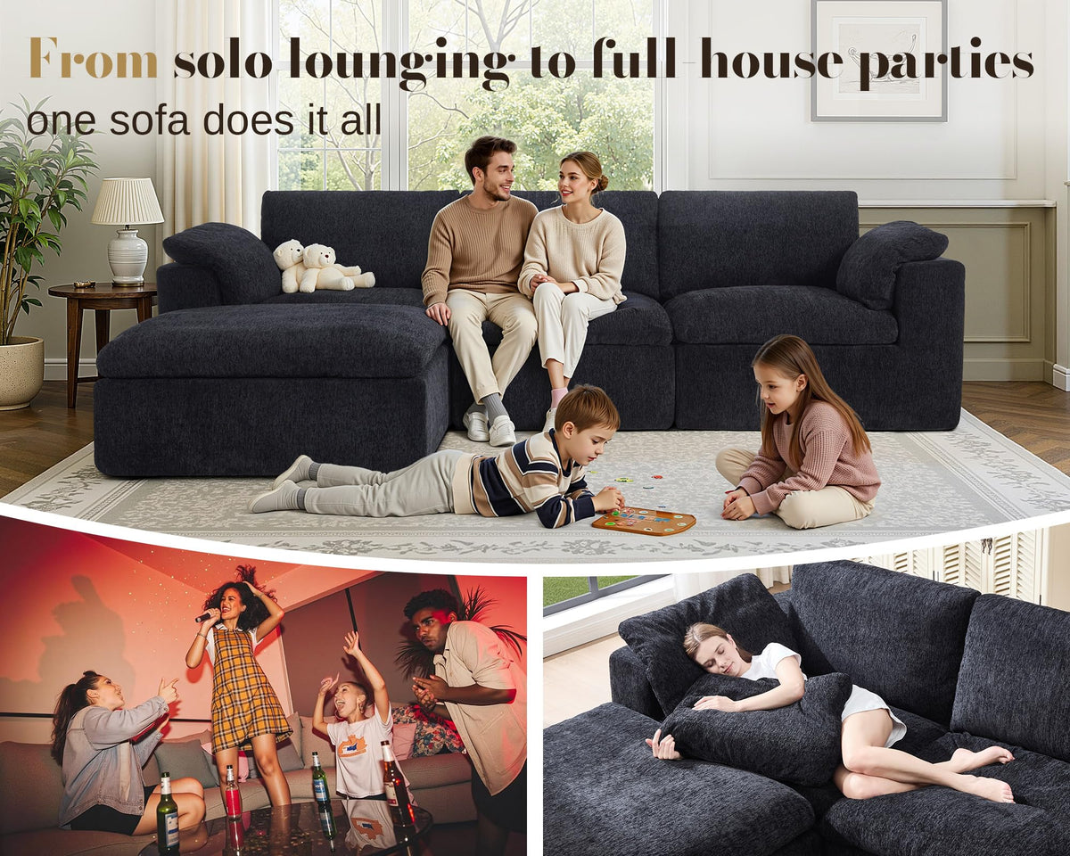 120" Cloud Modular Sectional Sofa, No-Assembly Chenille Couch, Black