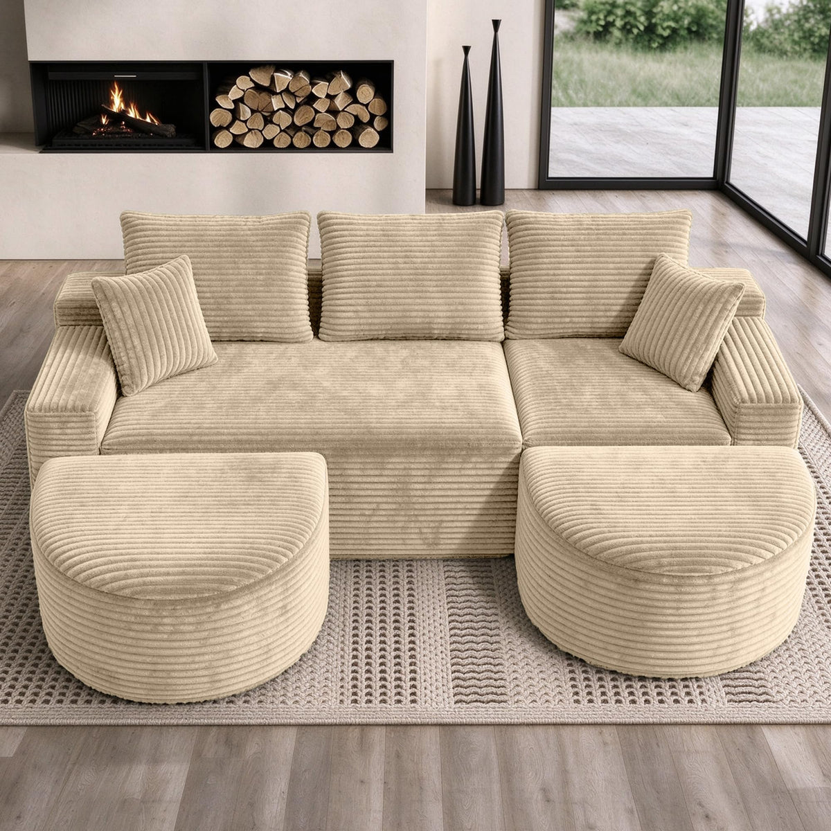 107" U-Shaped Modular Boneless Sectional Sofa with Curved 2 Ottomans, Camel