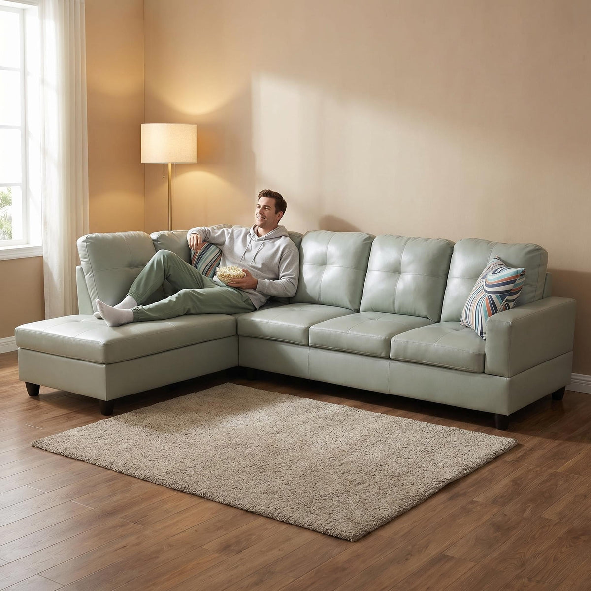 103.5" Sectional Couch with Movable Ottoman, L Shaped 4 Seater PU Faux Leather Sofa w/Chaise Lounge, Comfy Modern Modular Couch for Living Room, Apartment, White Stripes, Right, 3PCS