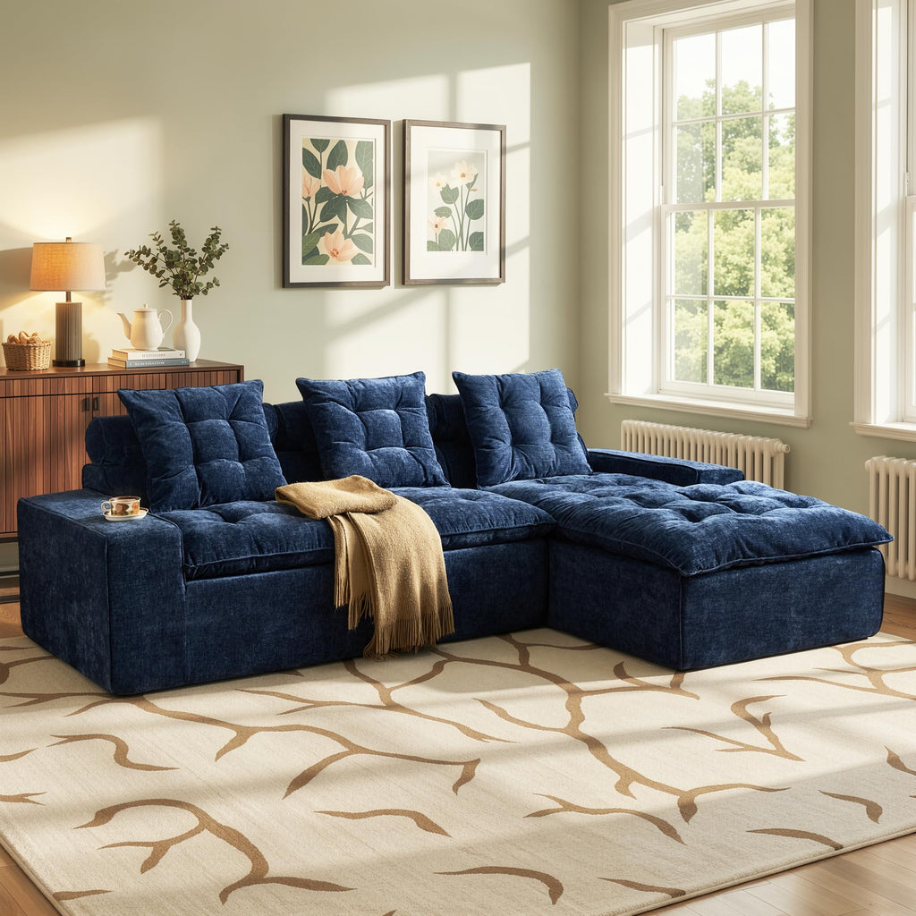 106" Cloud Sectional Couch with L-Shape Chaise & Ottoman, No Assembly Modular Sofa, Deep Seat Plush Corduroy Boneless Couched for Living Room (Black Plush Corduroy, L Shape with Ottoman-Left Facing)