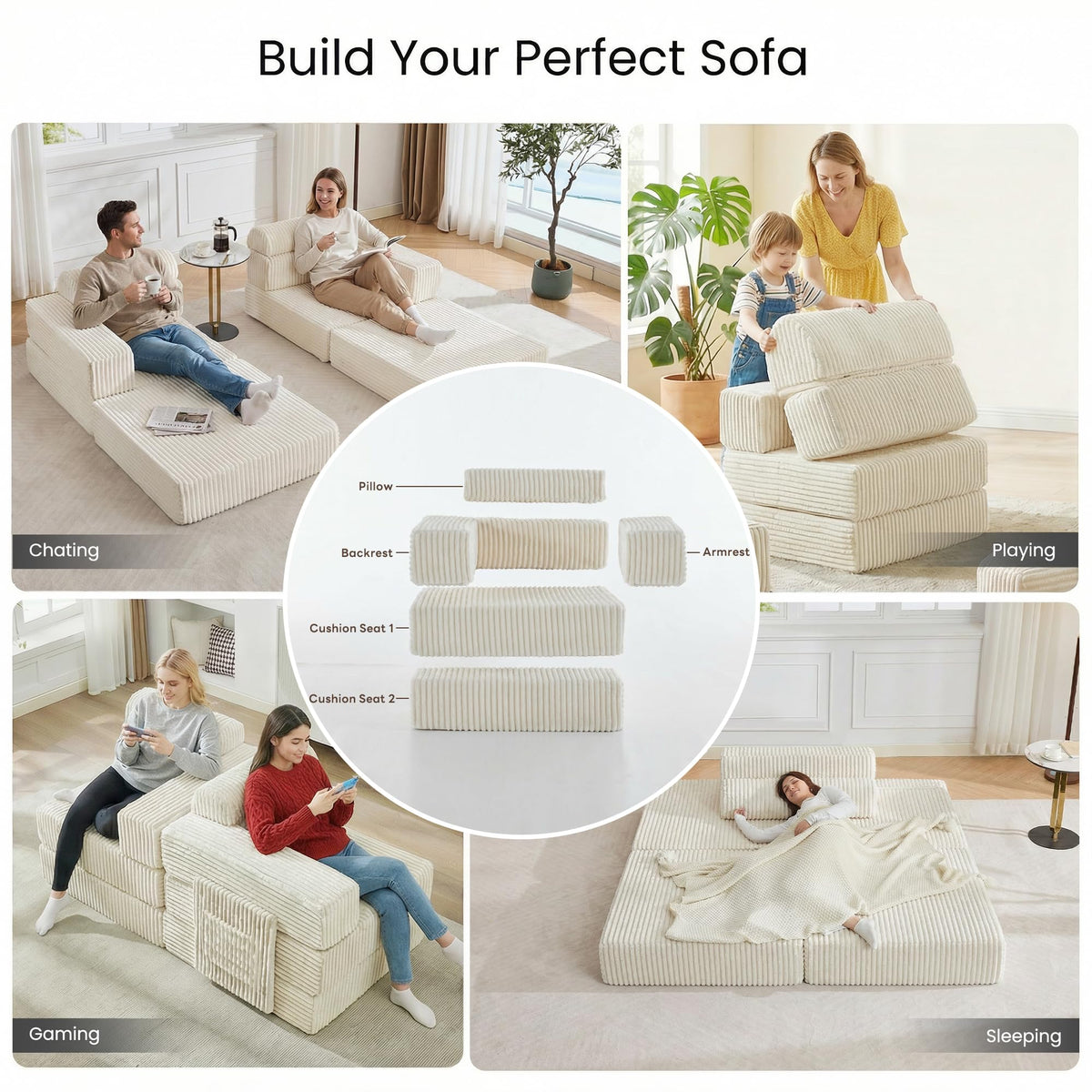 Tbfit Modular L Shaped Sectional Boneless Couch, Convertible Futon Sofa Bed, Corduroy Cloud Mattress Sleeper Sofa, Comfy Folding Upholstered Floor Couches for Living Room, Bedroom, Beige