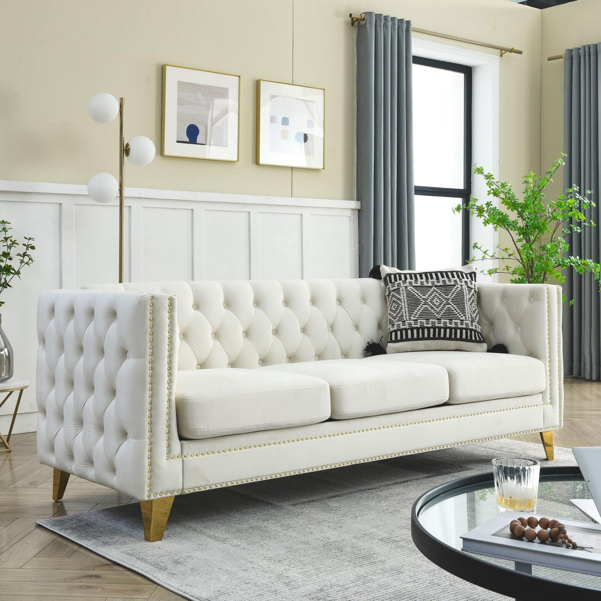 Velvet Sofa for Living Room Beige Three-Section Comfort Cozy Modern Chesterfield Design Bedroom & Office Use