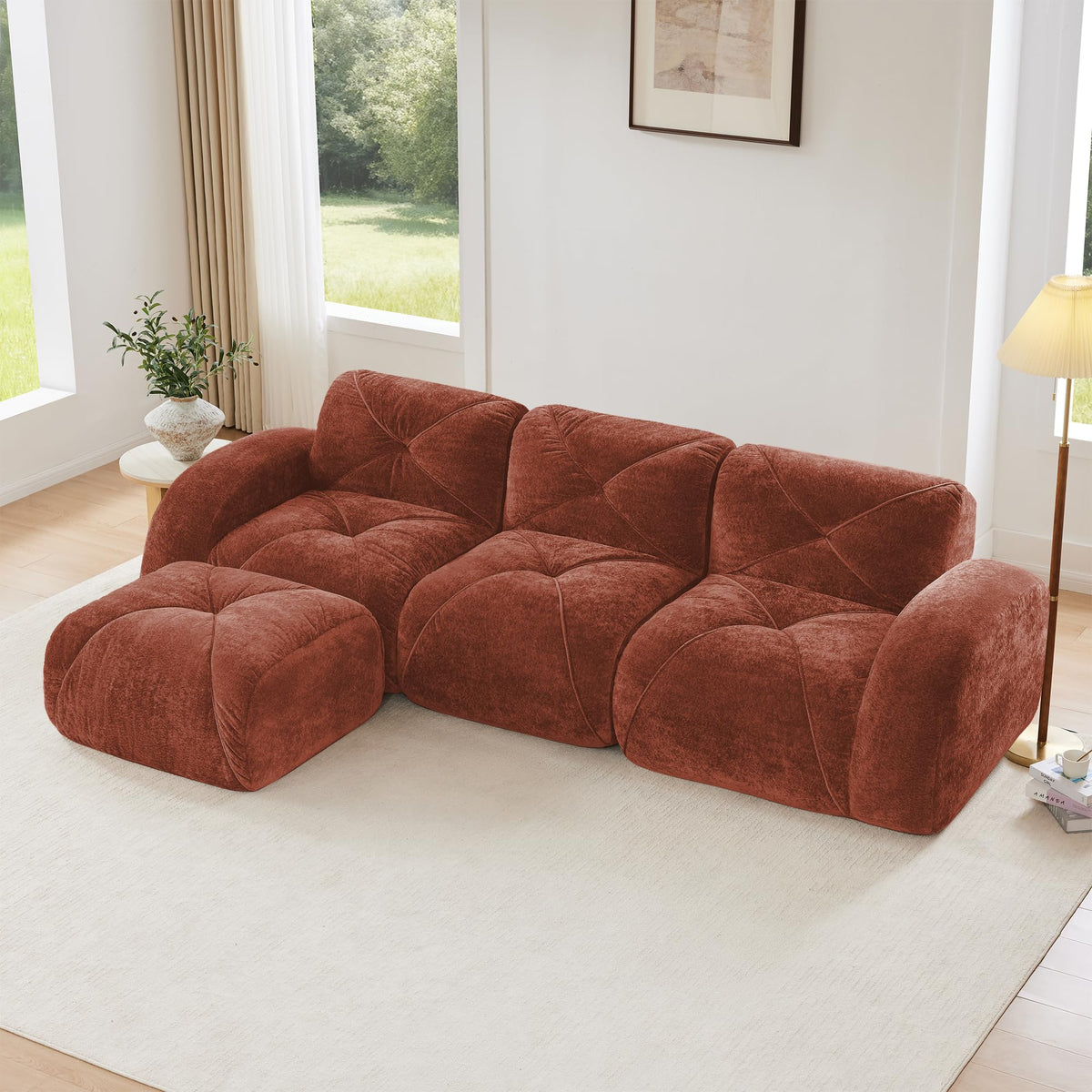 U-Shaped Boneless Sofa, Tufted 32d High Density Sponge Bottom, Anti-Slip Design, No Assembly Required, Free Combination, Movable Ottomans for Living Rooms, Home Theater, Blue