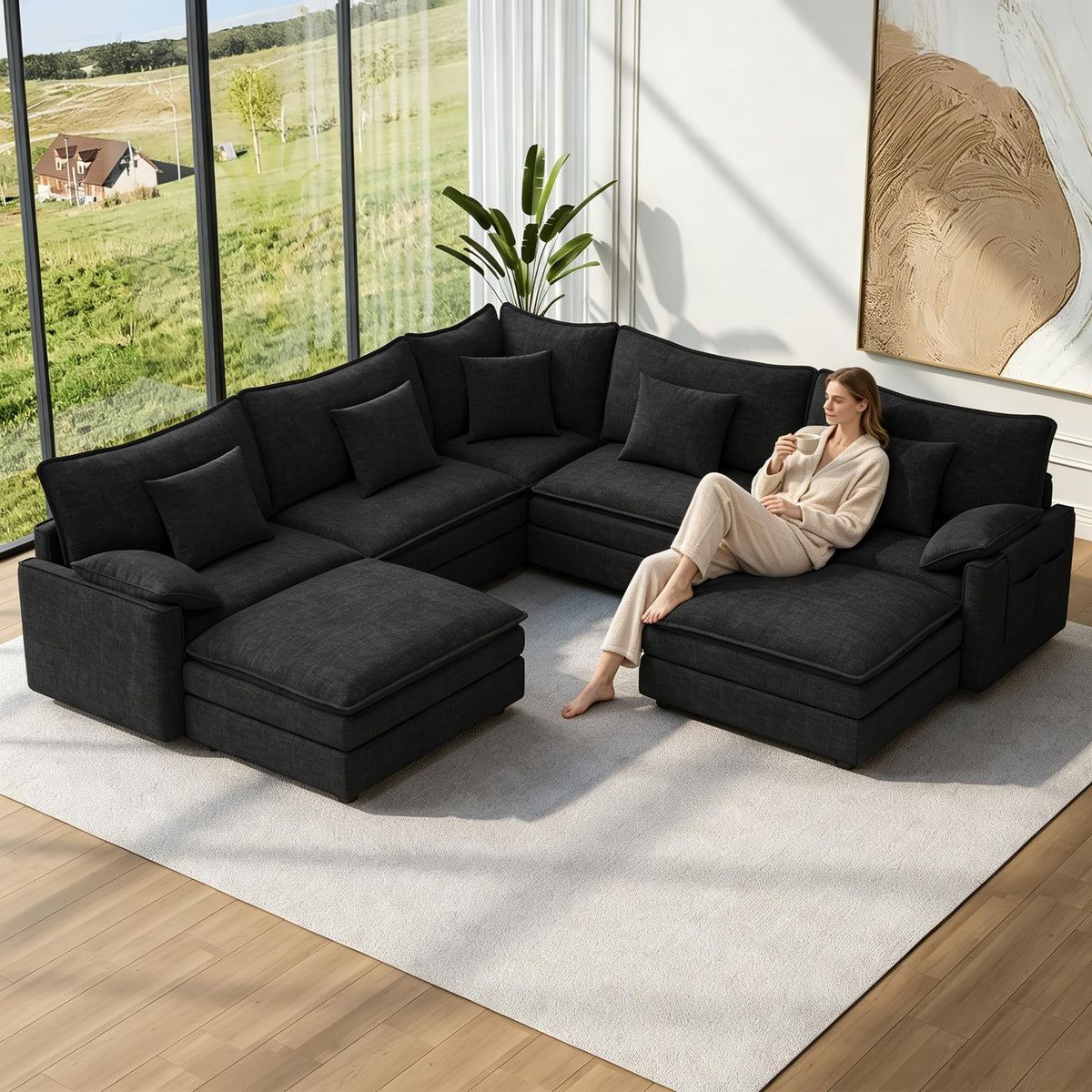Vesgantti 101" V-Shaped Cloud Sofa Sectional, 7 Seat Corner Couch, Black