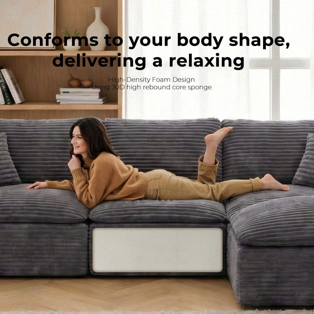 108" Cloud Sectional Sofa, L-Shape Modular Couch with Chaise & Ottoman, Corduroy Fabric, Oversized Deep Seat Sofa, Interchangeable Sections for Living Room or Offices