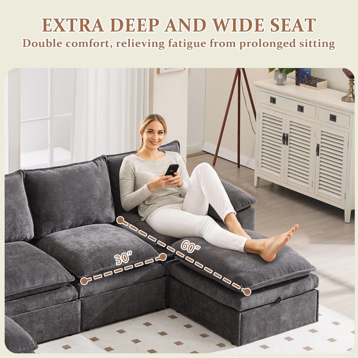130" Modular Sectional Sofa with Storage, Premium Chenille Cloud Couch with Movable Ottomans, 1200lbs Heavy Duty Deep Seat Sectional, High-Density Foam (Gray, 4 Seater & 2 Ottoman)