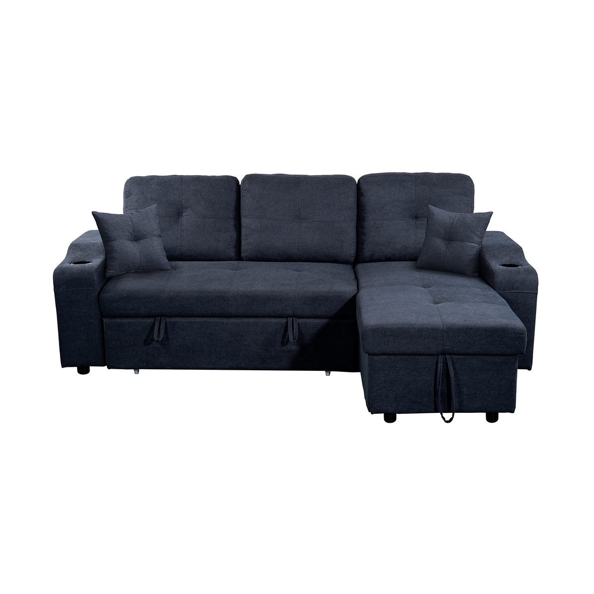 Tidyard Right-Facing Sectional Sofa with Footrest, Convertible Corner Couch with Storage Armrest, Pull-Out Sofa Bed, Double Cup Holders, Dark Grey, Modern Living Room Furniture