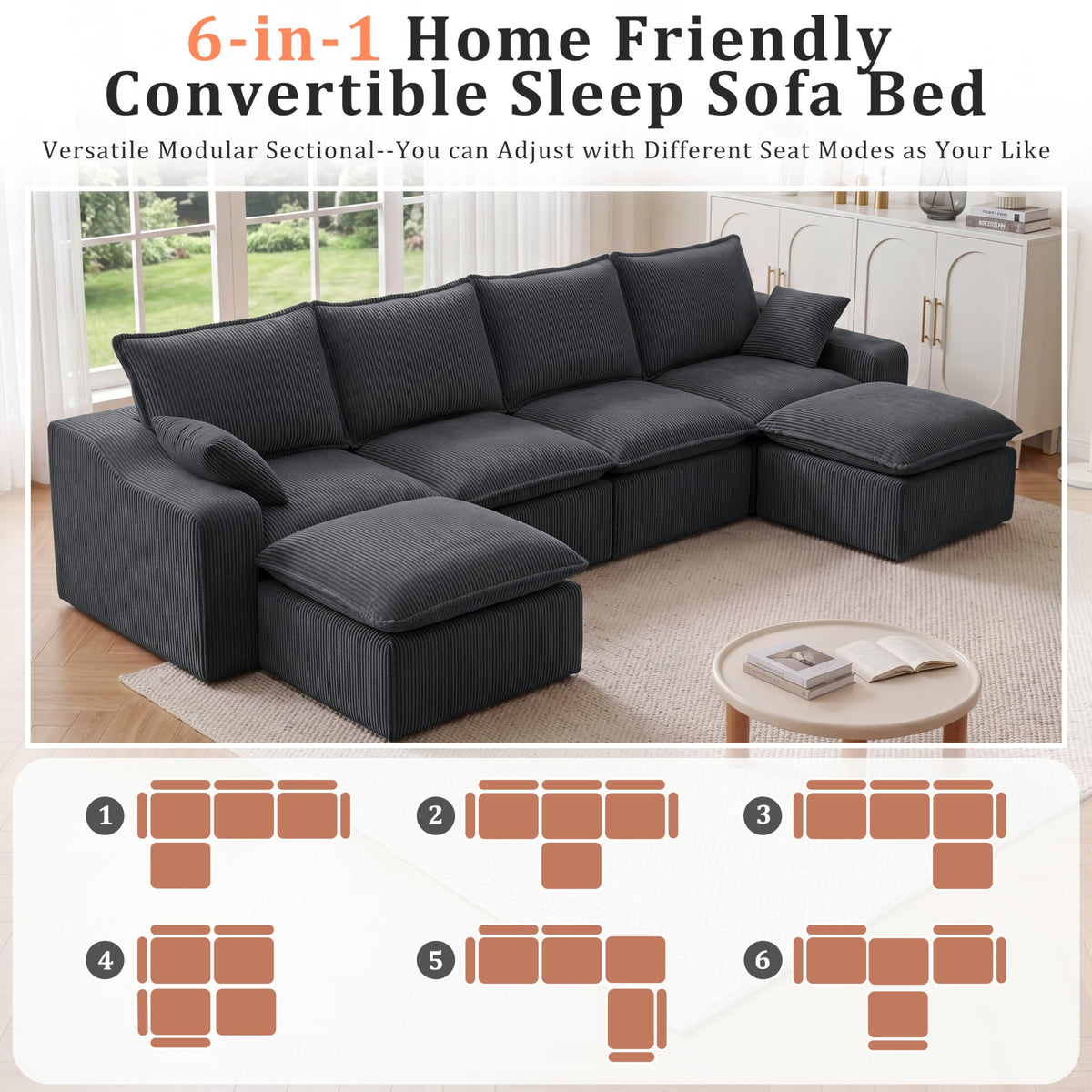 Vipbear 137" Modular Cloud Couch, No Assembly, Memory Boneless Sectional Sofa with Ottomans & Deeper Seat, Corduroy U-Shaped Comfy Modular Sofa for Living Room, Grey