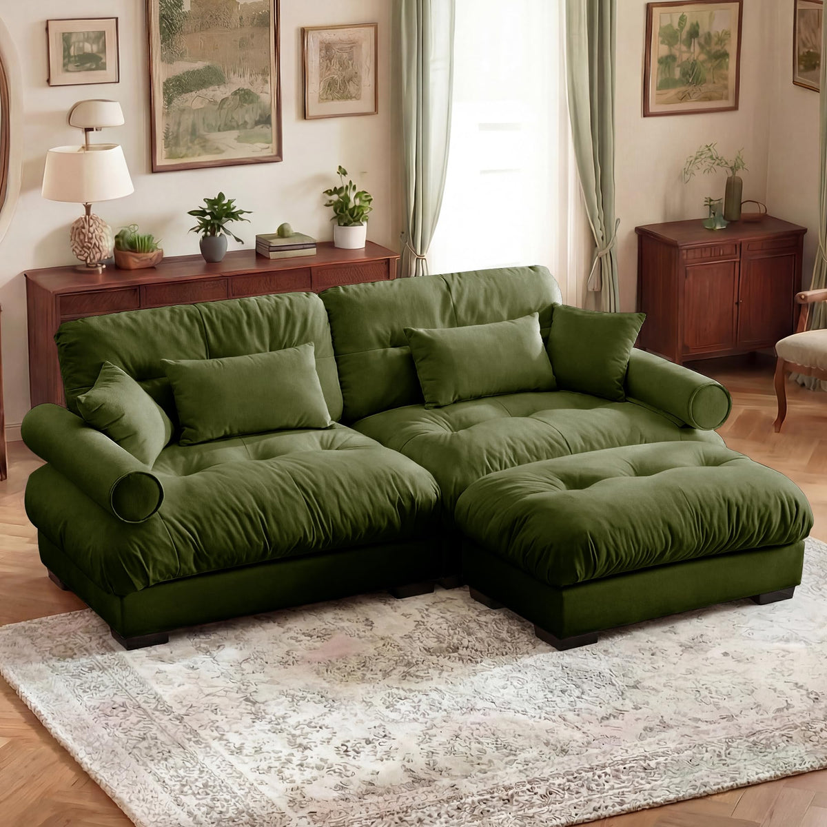 130" Cloud Couch, Oversized 3-Seater Couch with Ottomans and Pillows, Deep Seat L Shaped Sofa, Comfy Velvet Fluffy Sofas Modular Sectional Couches for Living Room (Blue, 3 Seat + 1 Ottoman)