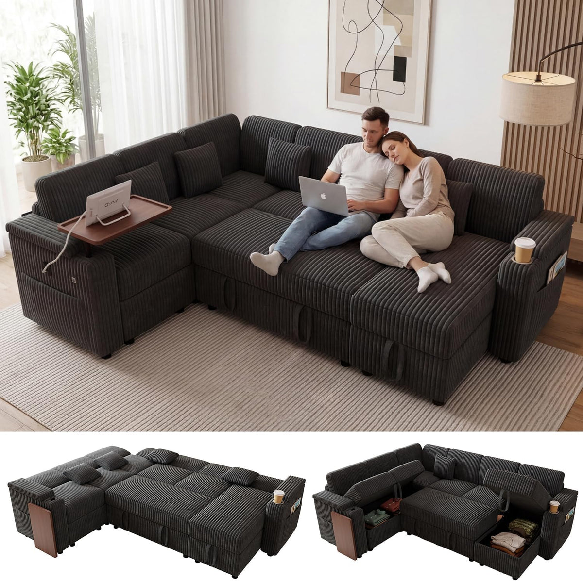 100" Modular Sectional Sleeper Sofa with Pull Out Bed/Side Table/USB Charging/Storage Chaise, Comfy Convertible Cloud Couch, U Shaped 7 Seat Corduroy Sofa with Cup Holders,Green