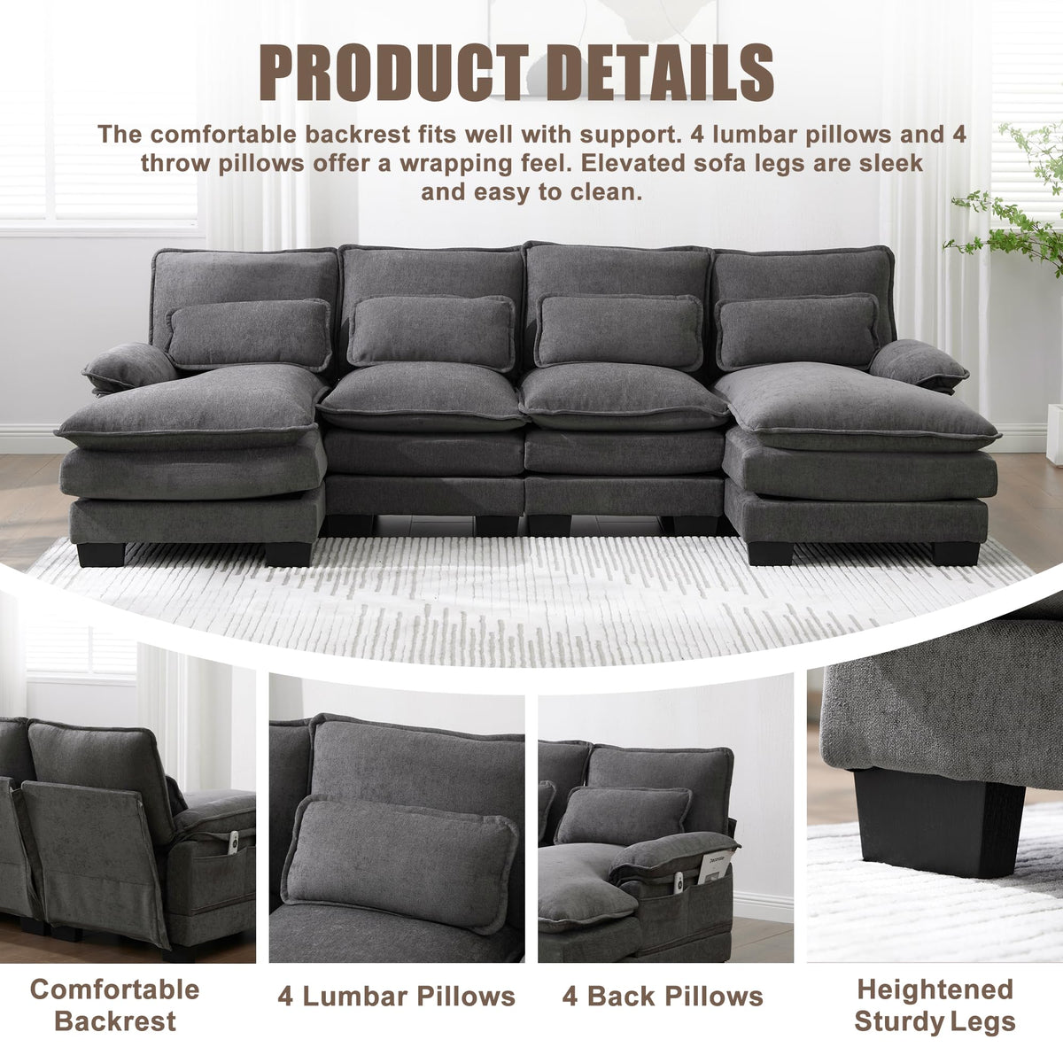 U Shaped Cloud Couch, 110" Chenille Comfy 4 Seat Sectional Couches for Living Room, Modular Sofa Sleeper with Double Chaise Foam for Apartment