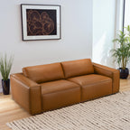 Zion Mid-Century Modern Wide Armrest Comfortable Leather Sofa in Cognac Tan
