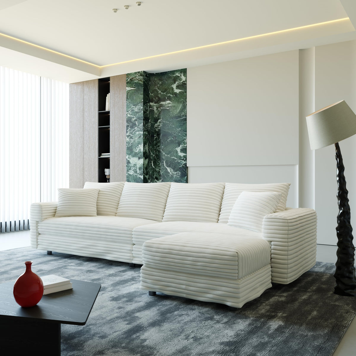 102.4 "Plush Corduroy 4-Seat Sofa,Modern Comfy Upholstered Sofa Cloud Couch,Deep Seat Couches with Soft Pillows and Movable Ottoman,Convertible Sofa Lounge Chair,Office,Beige(Old SKU W1885S00108