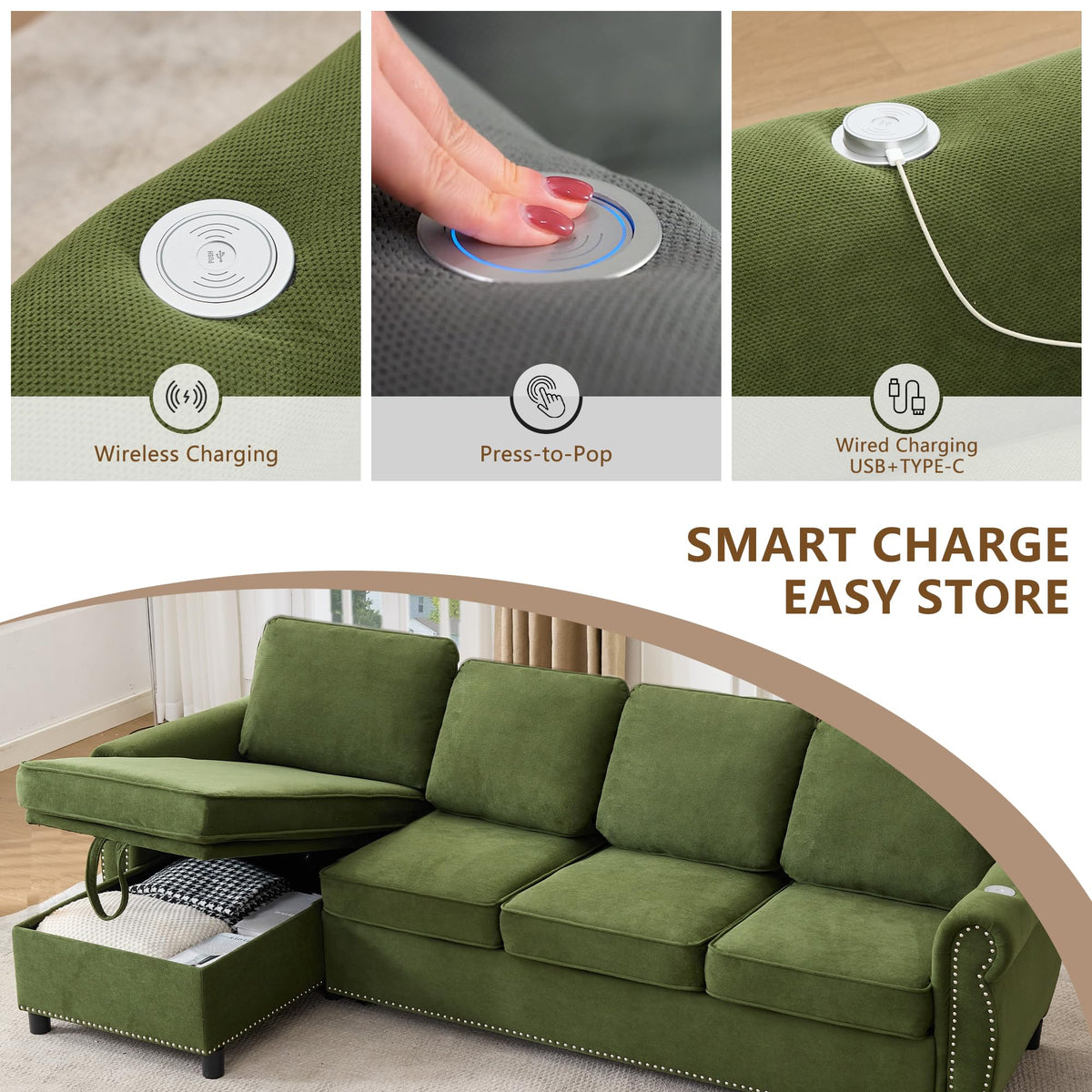 106.5'' Sectional Sleeper Sofa Bed, Flannel Pull Out Couch Mattress, Green