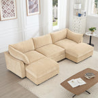 U Shaped 3 Seater deep seat Sofa with footstools Including 2 movablefootstoolsshapedarmrests,andwraparoundback and arm Cushions,with a Pull Out Storage Drawer Under Each seat Chenille Wheat