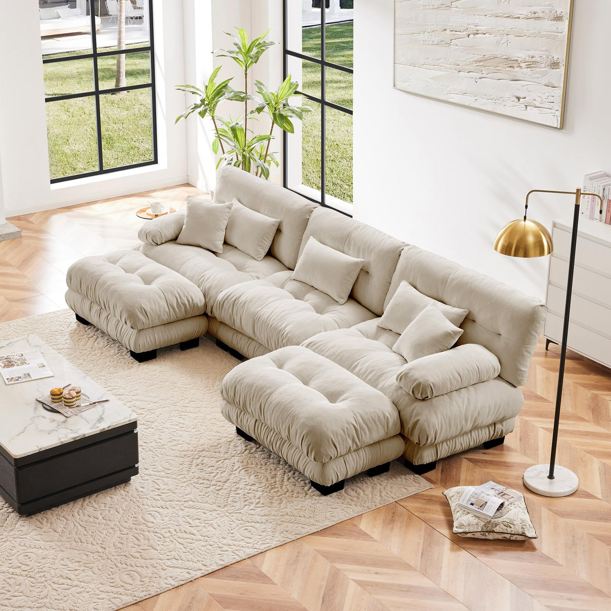 130" Modular Sectional Sofa,Velvet Upholstered Couches for Living Room,3 Seater Green Sofa Couch with Movable Ottoman,Big Comfy Loveseat Sofa with Deep Seats for Living Room,Apartment,Bedroom