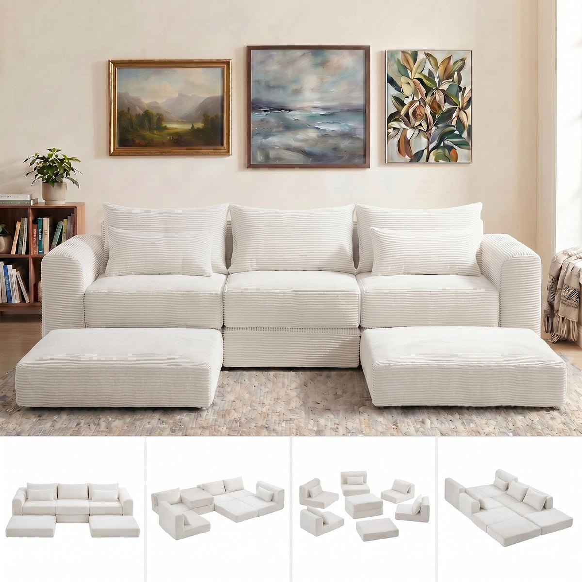 100" Sectional Boneless Couches Set for Living Room, Movable L Shaped Upholstered Modular Couch with 5 Pillows, DIY Combination Cloud Sofa for Apartment & Bedroom, Camel