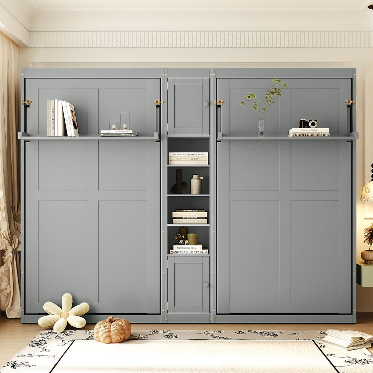 Wood Murphy Bed with Sofa, 4 Storage Shelves and USB Charging Station