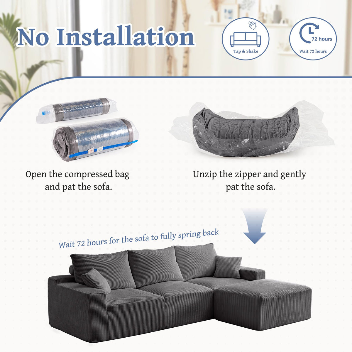 110" L Shaped Sectional Sofa, Full Compression 3 Seater Cloud Couch with Chaise, No Assembly Required Sofa for Living Room, Ultra Soft Deep Seat Modular Sofa(Corduroy, Grey) NE887