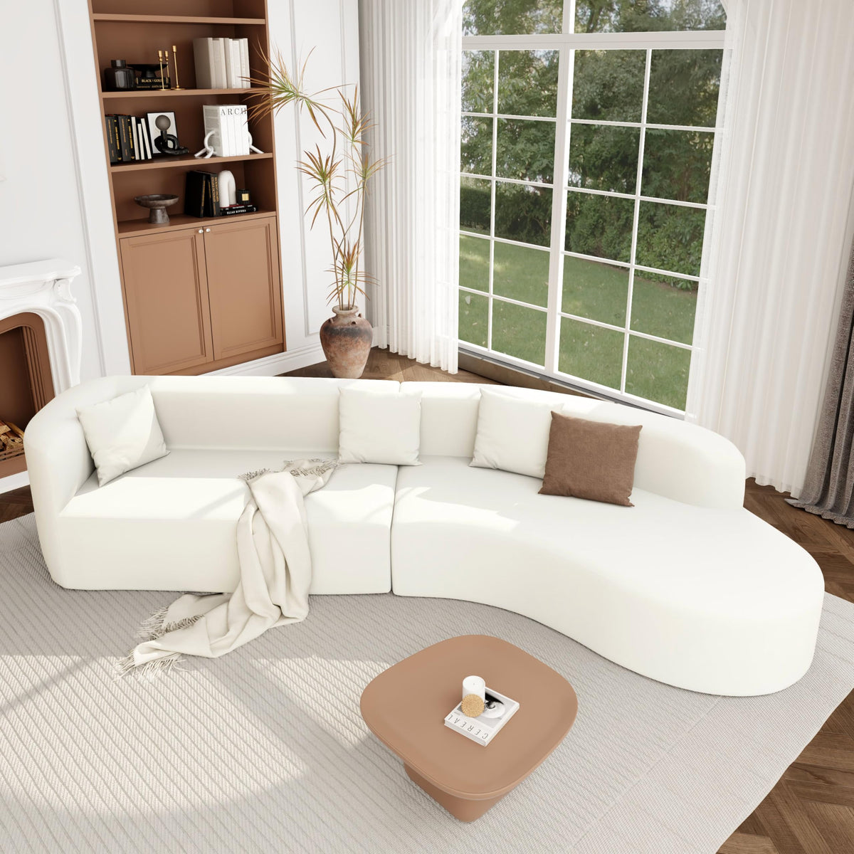 WILLIAMSPACE 126" Luxury Modern Style Curved Sofa, Upholstery Boucle Sofa Couch with 2 Pillows, Left Hand Facing Sectional Boucle Fabric Couch for Living Room (Left-Facing,Light Cream)