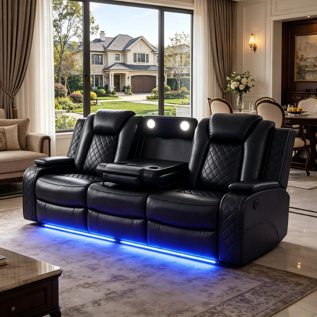 A Ainehome Power Leather Recliner Sofa Set with LED Lights, Recliner Sofa Sectional Couches for Living Room, Reclining Sofa, loveseat, Chair with USB Port/Storage Console/Cup Holder(black,3-piece set)